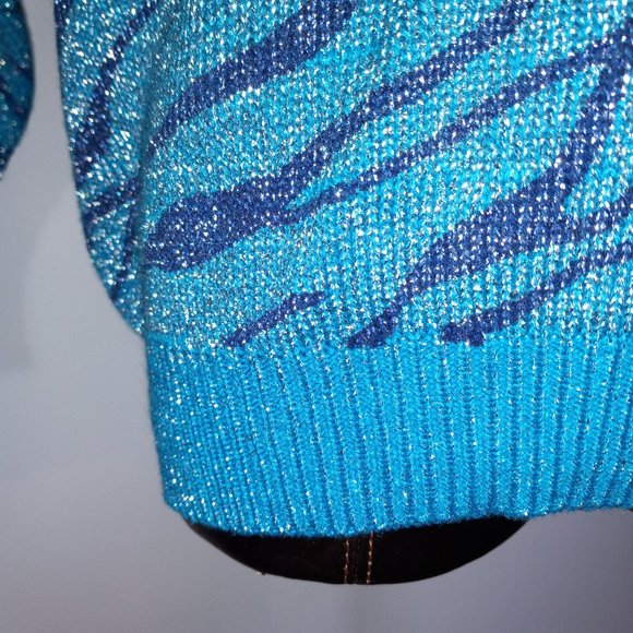 crew-neck tourquoise metalic thread zebra print sweater vintage 1980s - Picture 5 of 8